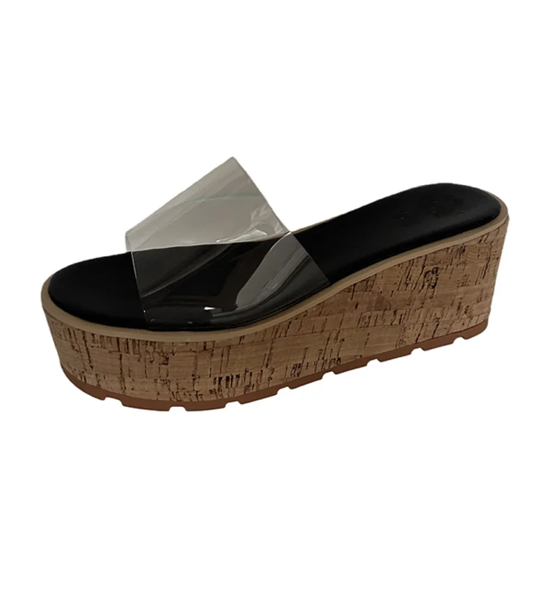 Cork Wooden Heels Mules Clear Transparent Slippers Platform Wedge Sandals Rome Summer Flat Thick Sole Slides Beach Shoes
