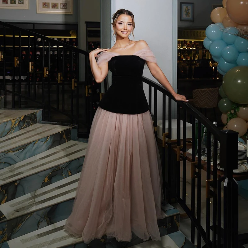 Thinyfull Formal A-Line Prom Evening Dresses Off The Shoulder Tulle Velvet Party Dress 2025 Night Cocktail Prom Gowns Plus Size