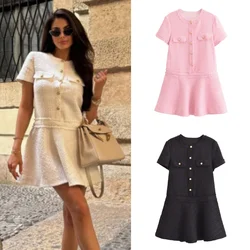 2024 Spring New Product Women's Elegant Fashion Slim Round Neck Short Sleeve Textured Street Student Mini Short Dress