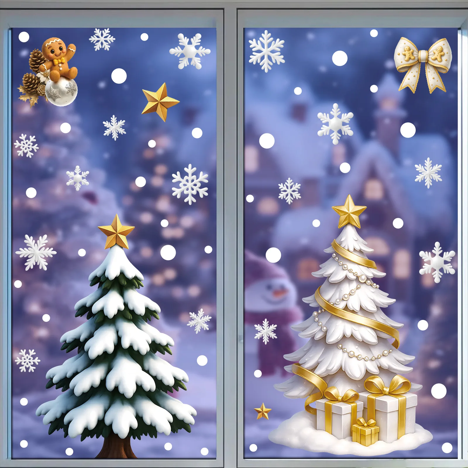 Set of 2 Christmas Static Cling Stickers, Gold Reindeer Snowman Holiday Window Decor for Glass Festive Pair
