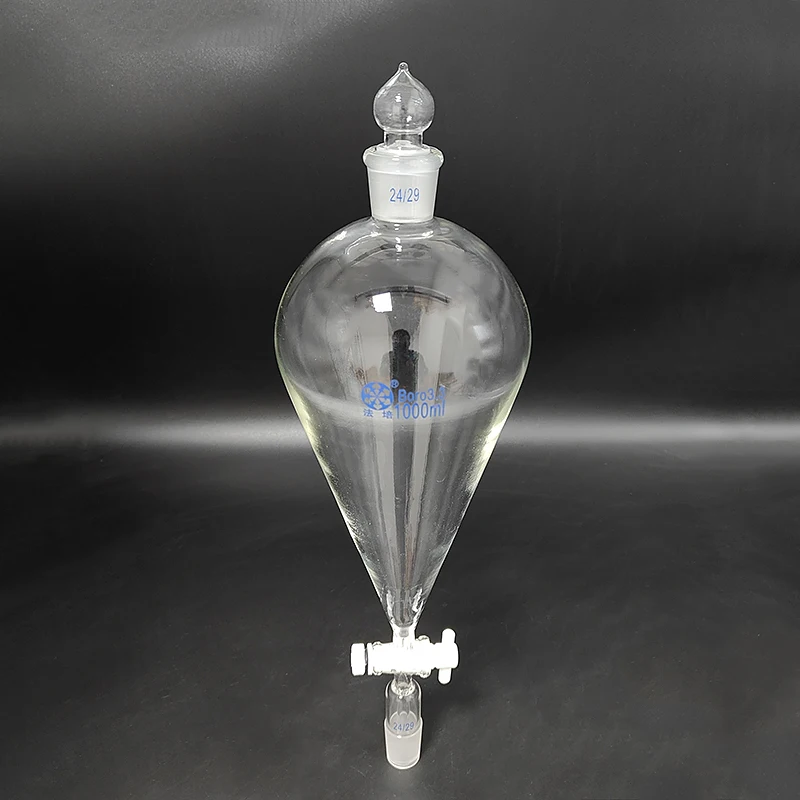 Lejek oddzielający FAPE Squibb z kranem PTFE i standardowym trzpieniem stożkowym, 50ml-1000ml-2000ml, złącze 24/29, zawór przełączający PTFE
