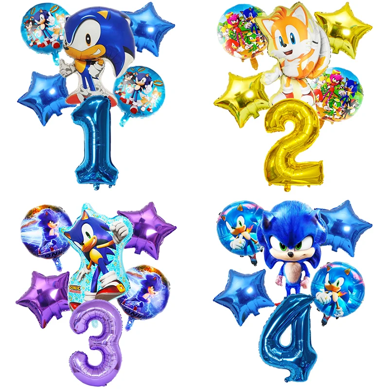 6PCS Sonic The Hedgehog Theme Party Digital Balloon Set for Children Sonic Birthday Decorative Products Boys Toy Helium Balloon