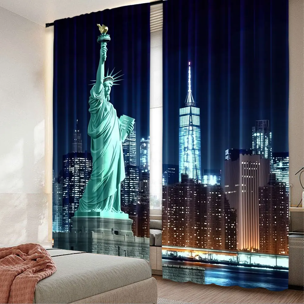 

2Pcs Statue Of Liberty Curtain New York City Skyscraper Urban Night Scene Skyline Cityscape Landmark Home Decor Nyc Party