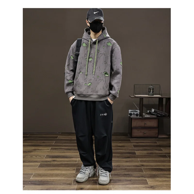 

Broken hole hoodie men's 2024 autumn and winter new high-end trendy fashion design loose oversized casual loose hooded shirt