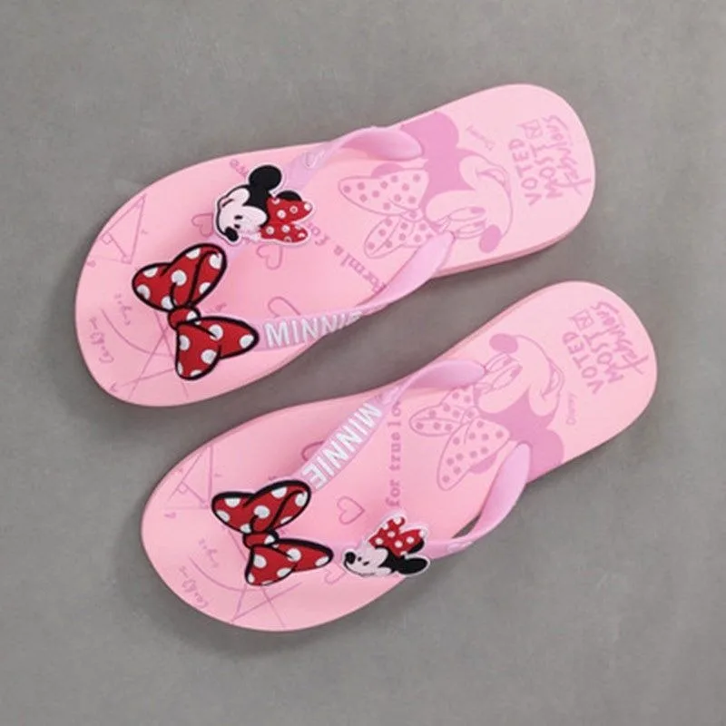 Disney Kawaii Mickey Minnie Flip Flop Kawaii Seaside Slippers Beach Outerwear Non-Slip Girls Slippers Clip Toes Outer Wear Gift