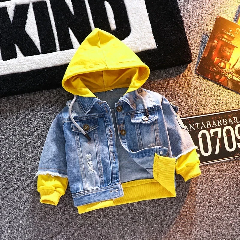 Spring Autumn Denim Jacket For Boy Girl New 2024 Korean Version Fashion Patchwork Hooded Cowboy Coat Casual Children\'s Clothing