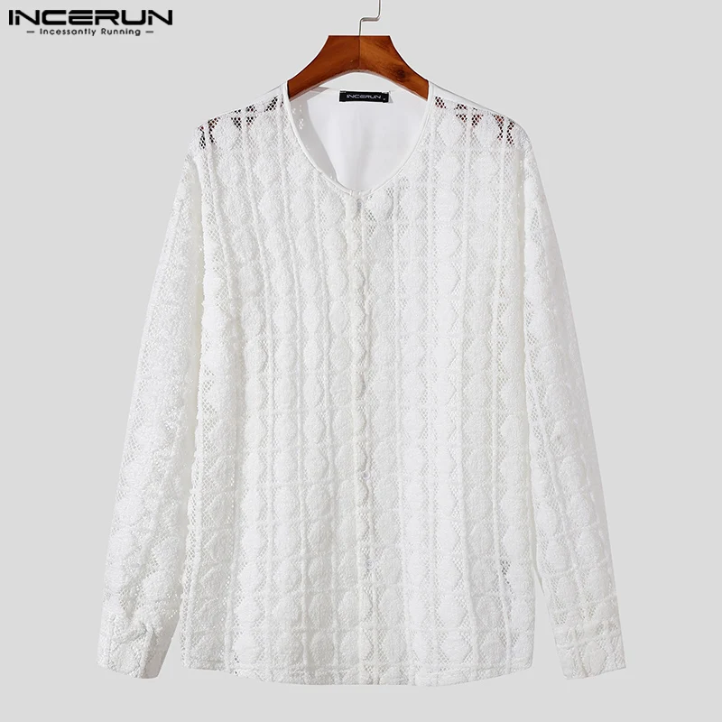 Knappe Goed Passende Tops Incerun Nieuwe Heren Holle Gebreide Overhemden Casual Streetwear Mannelijke Stevige Blouse Met Lange Mouwen S-5XL