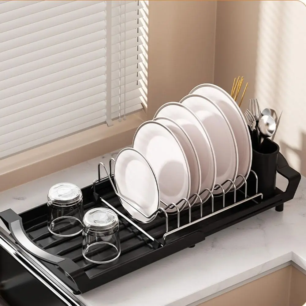 

Extendable Dish Drying Rack Space Saving Large Capacity Utensil Storage Holder Hollow Design Dinnerware Organizer Dish Drainer