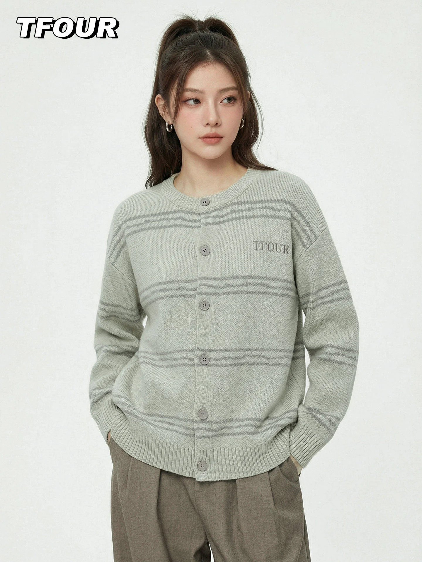 

Кардиган TFOUR Lazy Relaxed с круглым вырезом, унисекс, в американском стиле, в полоску, свободный, модный свитер-куртка для осени