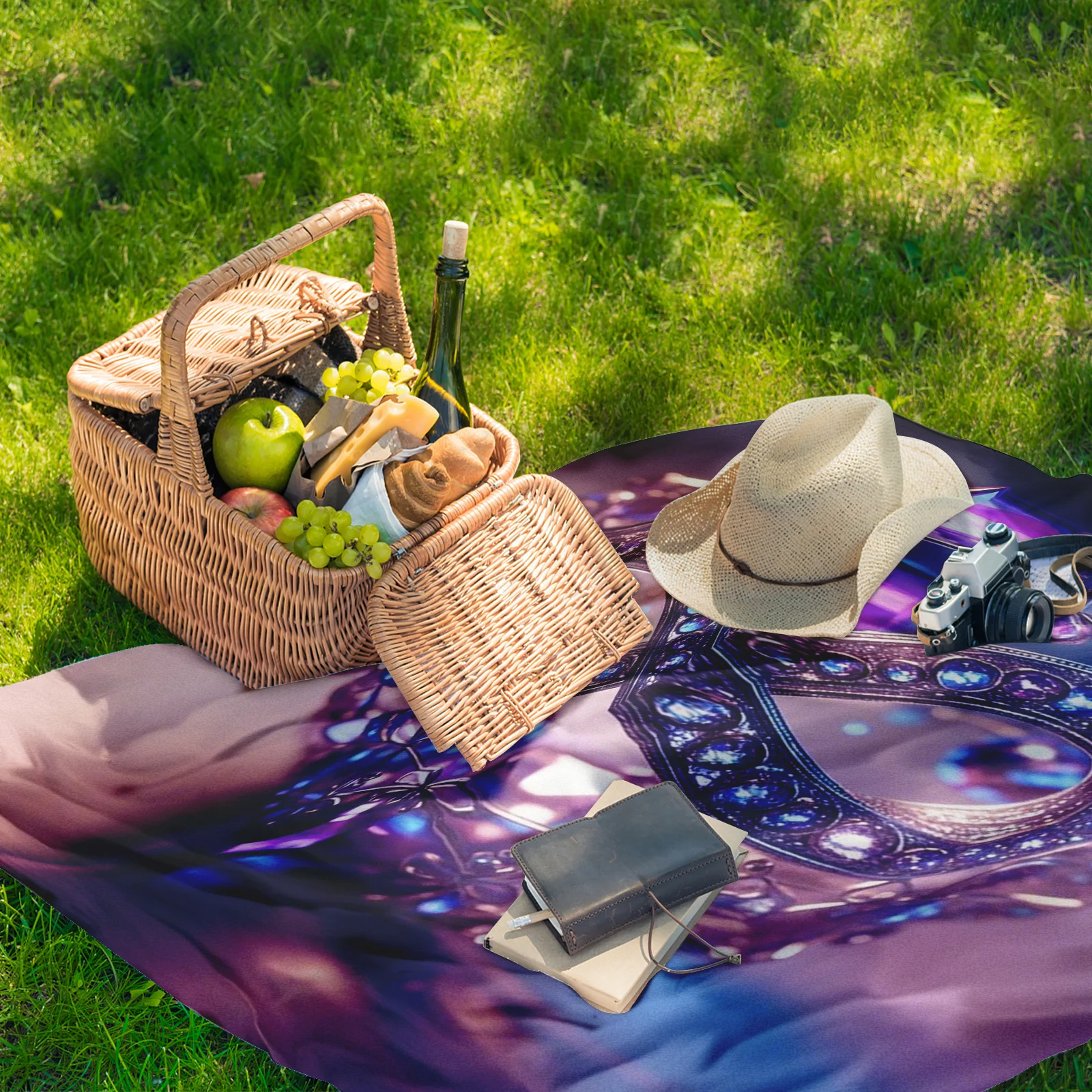 Manta de pícnic al aire libre de diseño lujoso púrpura con piedras preciosas inspiradas en Mobius Loop para acampar creativo y uso elegante en la playa