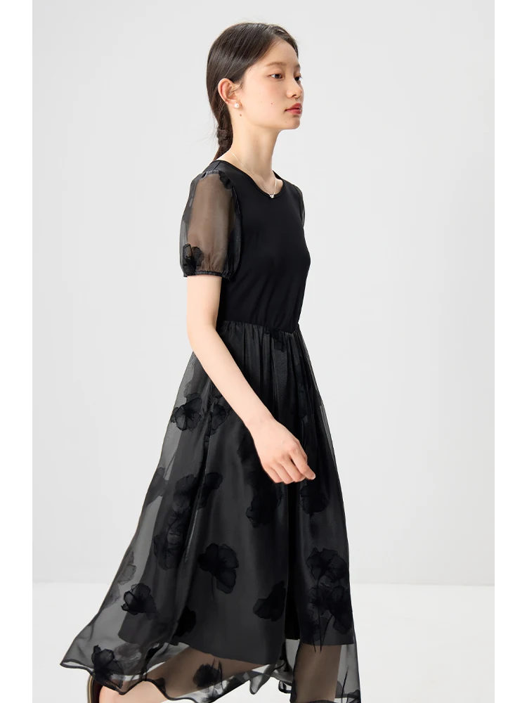 ZIQIAO French Style Elegant Women Black Long dress 2024 Summer New Casual Versatile A-Line Long Dress For Women 24ZQ92277