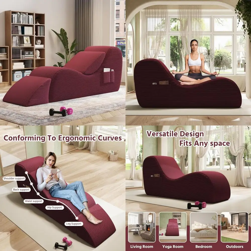Adult Yoga Chairs, Ergonomic Chaise Lounge with Waist and Foot Support, Side Pockets, High Density Foam, Non-Slip Base, Comforta