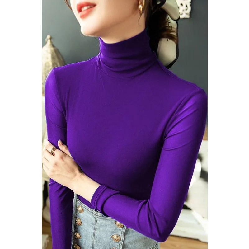 Damska koszulka z golfem, z siateczkowym dołem, w jednolitym kolorze, na wiosnę i jesień, dopasowana, z długim rękawem, modna i uniwersalna.