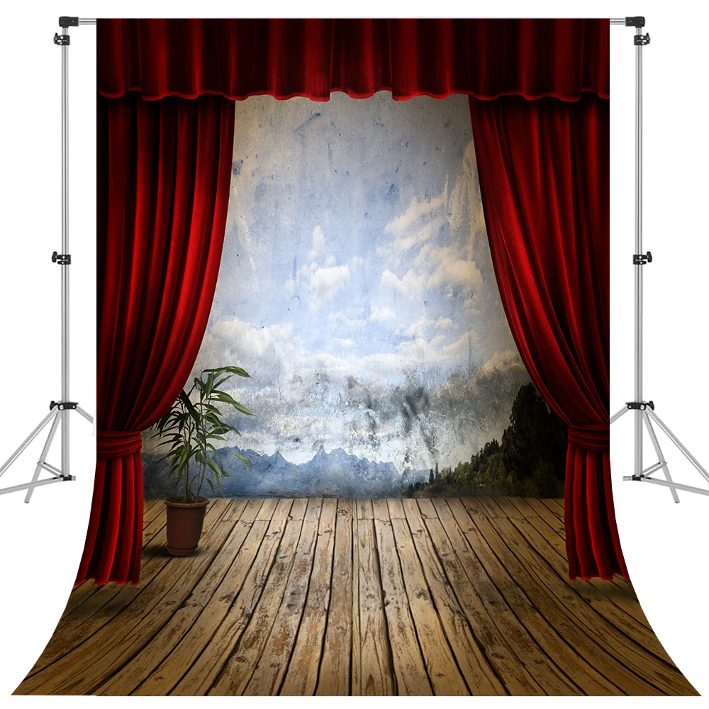 

Stage Wood Floor Velvet Red Curtains Photography Background Newborn Baby Shower Birthday Photocall Backdrop For Photo Studio