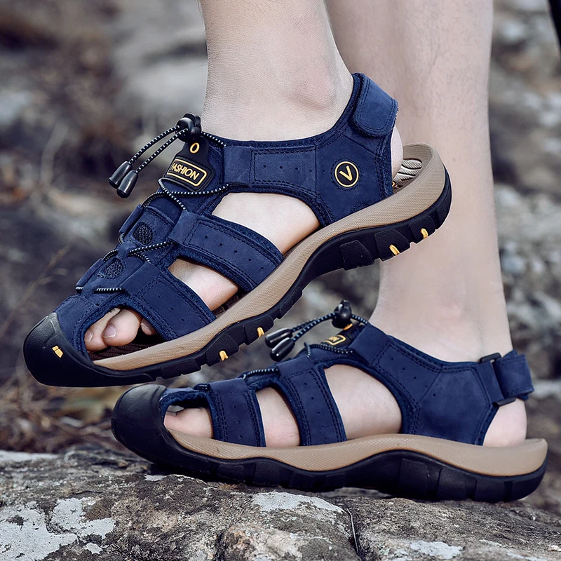 

Summer Men Sandals Genuine Leather Mens Casual Shoes Outdoor Men Leather Sandals for Men Beach Shoes Roman Shoes Plus Size 38-48