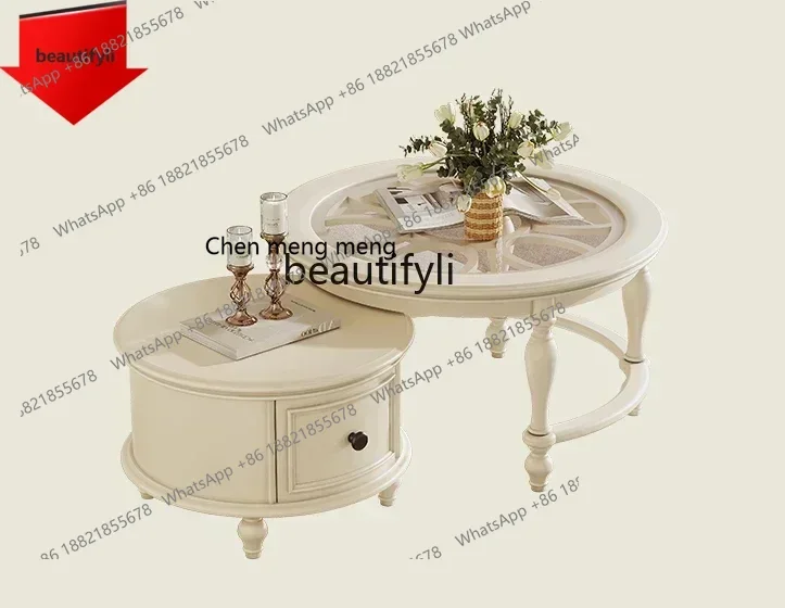 

K185 Solid wood coffee table combination simple household living room French small apartment, telescopic, glass round tea table