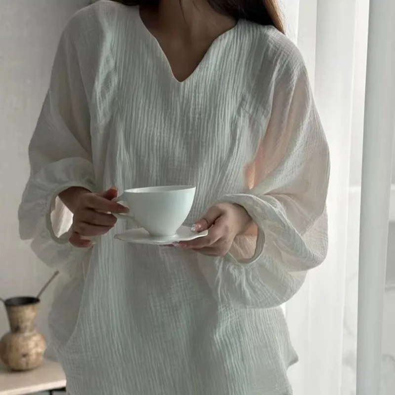 White Solid Color Casual Home Pajamas for Women Female New Basic Long Sleeve Pullovers Simple Pant Fashion 2 Pieces Pajamas Set