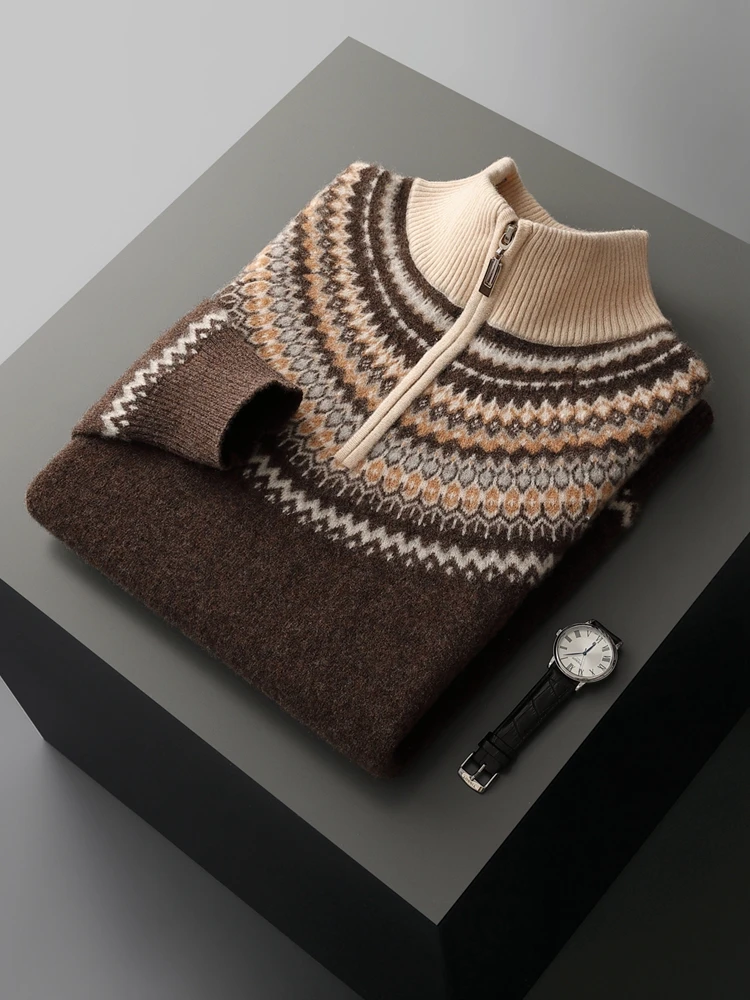 American Retro Autumn Winter Sweater Men's Clothing 100% Merino Wool Pullover Sweater Half Zip Trend Thicked Knitted Inside Join