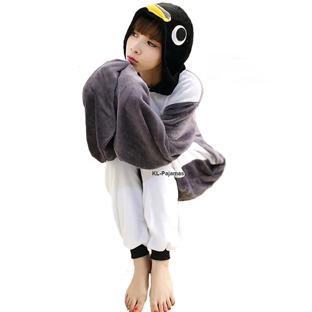 Adult Anime Kigurumi Onesie Funny Grey Penguin Costume Pajamas For Women Men Unisex Flannel Warm Soft Animal Onepieces Sleepwear