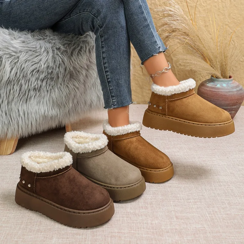 Winter New Thick Bottomed Fleece Lined Casual Women's Snow Boots 2026 Fashion Retro Round Toe Comfortable Outdoor Women Boots