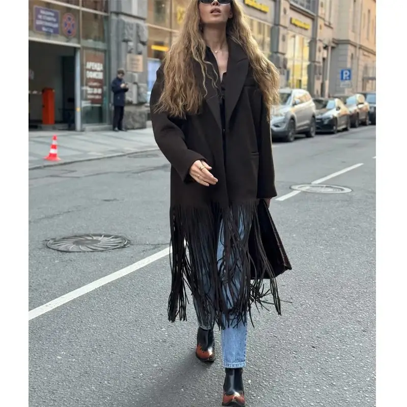 

Autumn Winter New Arrival Women's Long Sve Notch Collar Loose One Button Tassel mid Length Woolen Coat Commute Sle Strai...