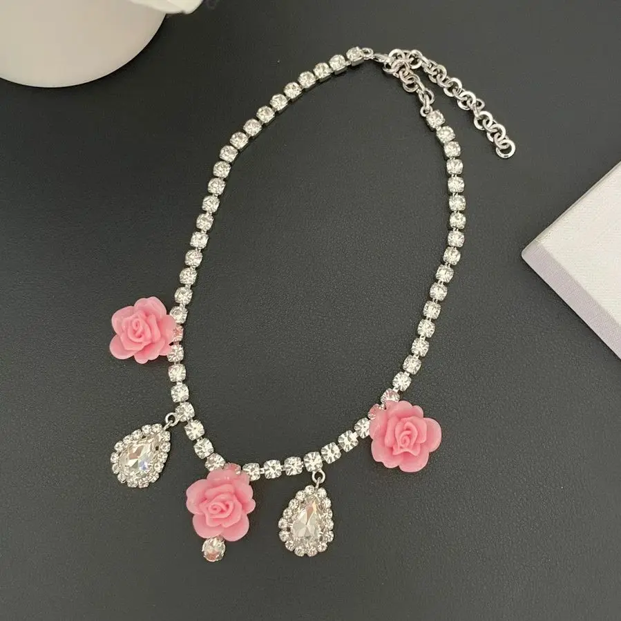 Necklace Temperament Light Luxury Pink Flower Drop Jewelry For Women Collares Para Mujer Collar Collier Femme Pendant Grandes De