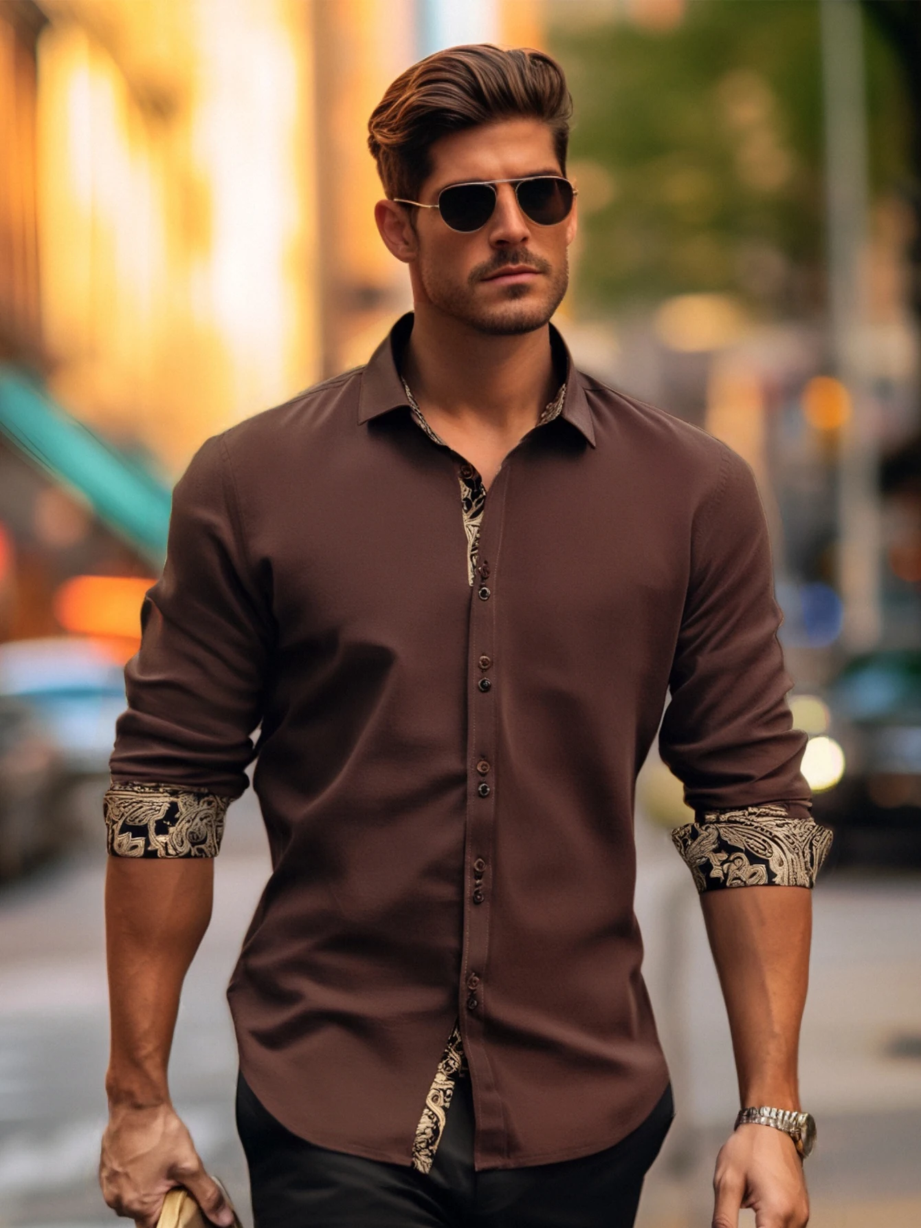 

Trendy Solid Shirt with Contrast Collar and Two-Tone Buttons Street Fashion Wear