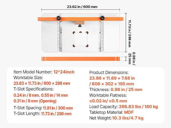 SucceBuy Drill Press Table 24x12Inch Adjustable Fence Stop Block T-Slots MDF Tabletop Built-In Scale Fits Clamps Vises For Drill