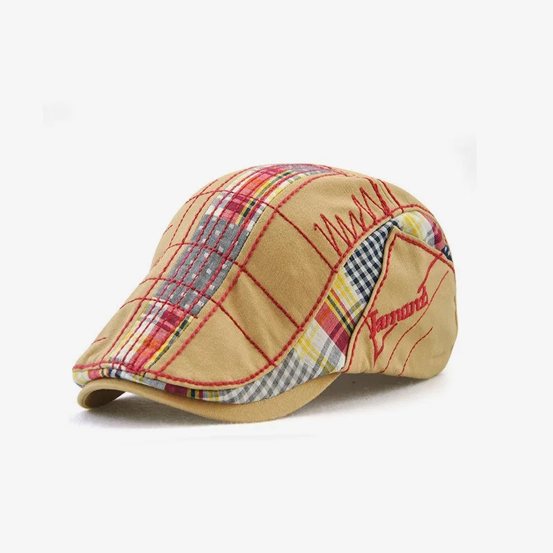 Europ American Leisure Forward Hat Men Irregular Embroidered Beret Plaid Spliced Baseball Cap Male Spring Autumn Sunshade Women