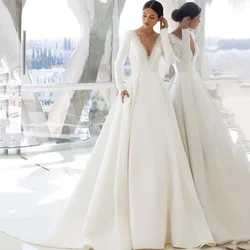 Elegant Satin Wedding Dresses Long Sleeve Princess Bride Dress Beads Pearls V Back Court Train Wedding Gowns Customized Mariage