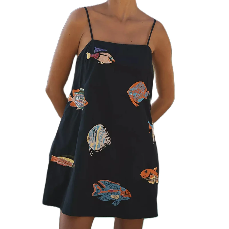 Women Graffiti Mini Cami Dress Boho Graphic Spaghetti Strap A-Line Short Dress Sleeveless Cute Summer Boho Beach Sundress