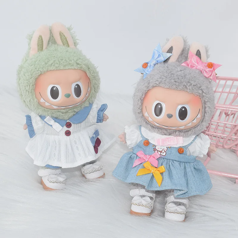 

15cm/17cm Labubu I II Doll Clothes Blue Collar Cowboy Dress Set Sitting Party Plush Doll Clothes Accessories
