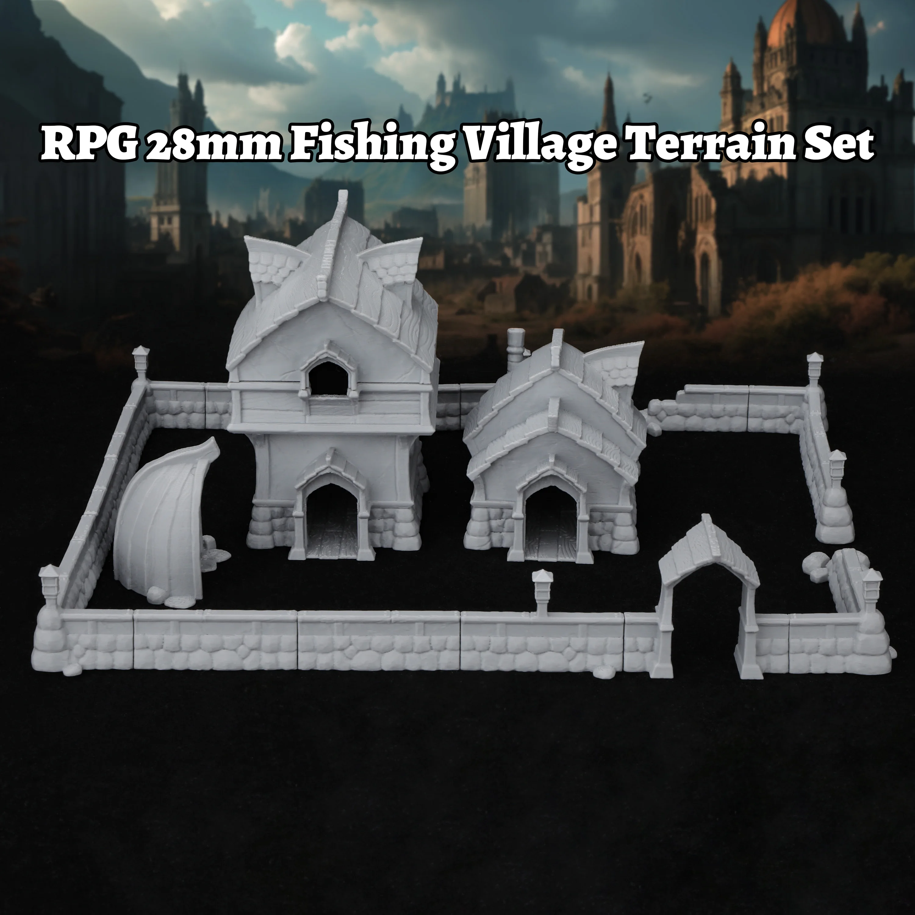 Fantasy Fishing Village Miniature Set,  Modular Terrain Models for TTRPG Tabletop Games, Unpainted Scenery Accessory