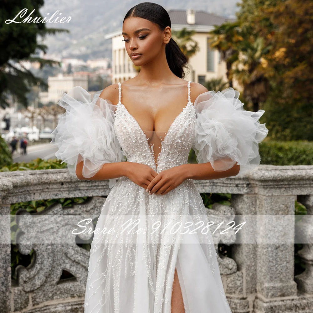 Lhuilier Sexy A Line V Neck Tulle Wedding Dresses Sleeveless High Slit Pearls Beaded Bridal Gowns with Open Back