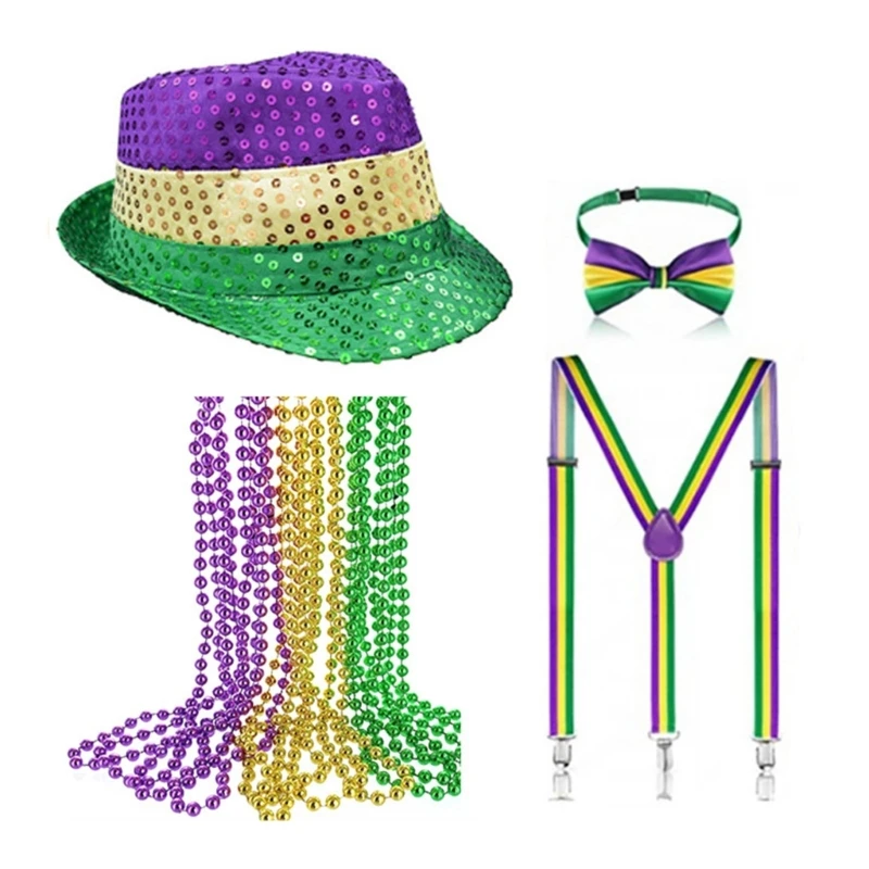 MardiGras Celebration Costume Hat Bead Necklace Bowtie Suspender Braces Masquerade Party Carnival Festival Accessories