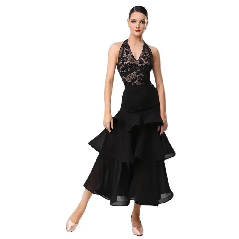 Waltz Ballroom Dance Professional Dresses Sexy Halter Lace Top Cake Skirt Women\'S Latin Dance Competition Costumes SL10682