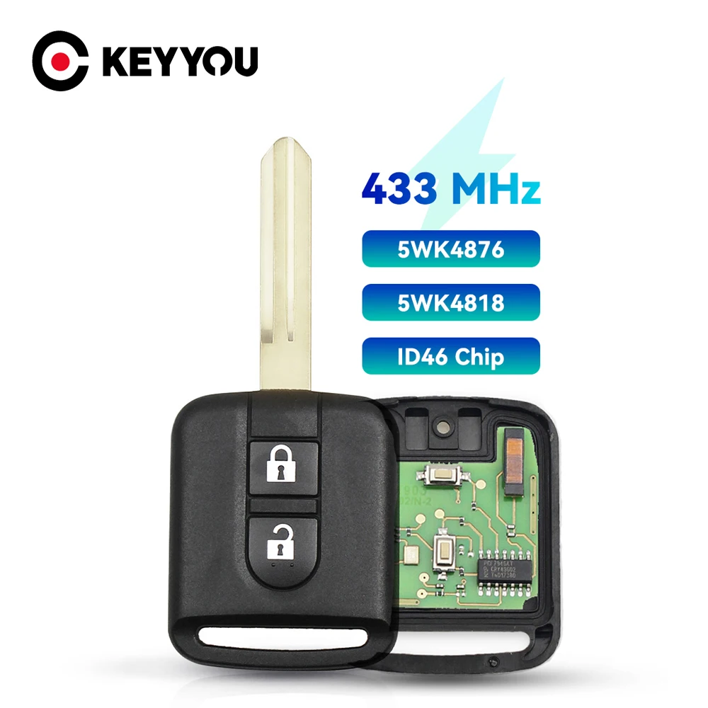 

KEYYOU 5WK4 876/ 818 433MHz ID46 Chip Key Fob For Nissan Elgrand X-TRAIL Qashqai Navara Micra Note NV200 2 Button Remote Key