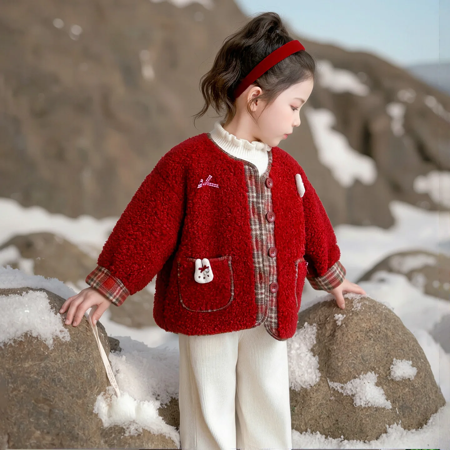 

Winter Children Girl Lamb Woolen Coat Thicken Warm Cartoon Pockets Kid Baby Girl Outerwear Coat Round Collar Toddler Girl Jacket