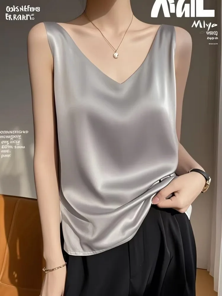 

Korean Style Slim Fit Satin Camis Top Women Summer Lace V-Neck Sleeveless Blouse Vest S-3XL Tank Crop Tops Womens 2025