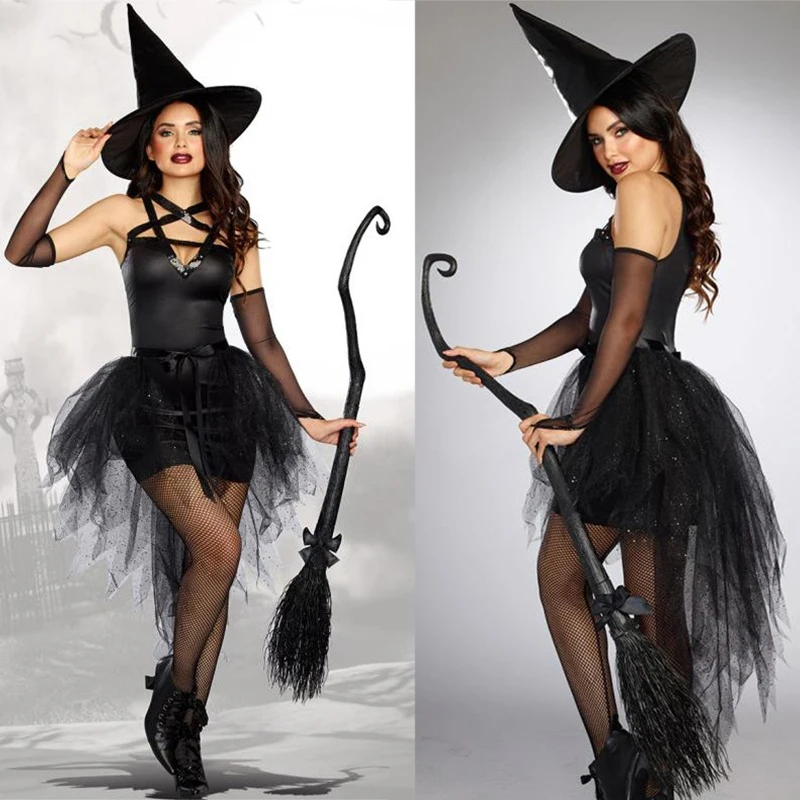 Fatos de Bruxa Halloween para Mulher, Roupa Cosplay Black Wizard, Fantasia Sexy, Masquerade, Festa de Carnaval, Vestidos Performance, Adulto