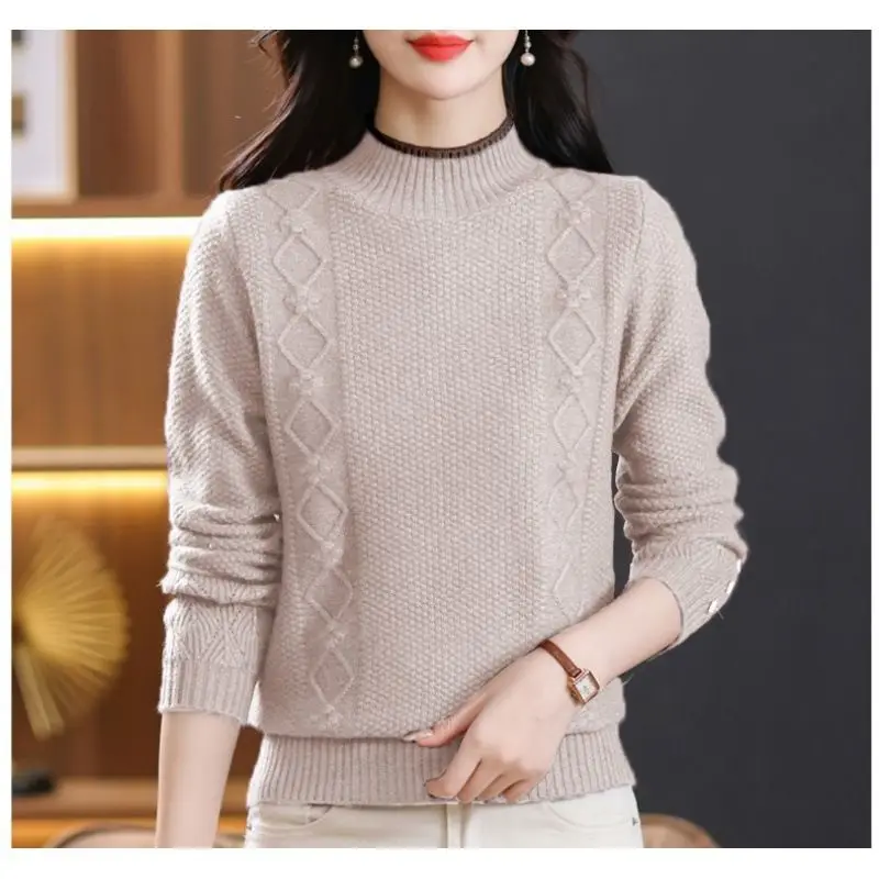 

Women's Clothing Autumn Winter Half High Collar Screw Thread Solid Color Pullover Button Long Sleeve Sweater Knitted Tops