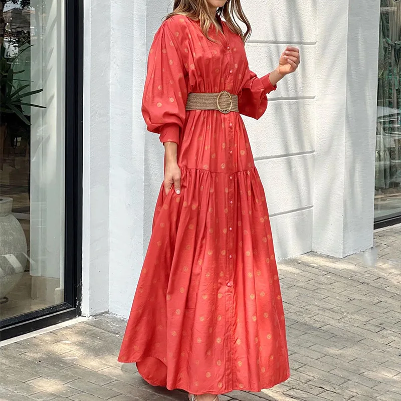 

Elegant Women's Long Dresses 2024 Women Print Lantern Long Sleeve Sundress Female Elegant Ruffles Vintage Cake Loose Beach Dress