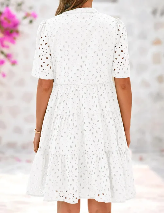 Elegant Womens Boho Summer Dresses V Neck Short Sleeve Hollow Out Lace Ruffle Casual Beach Summer New Evening Party Dresses 2025