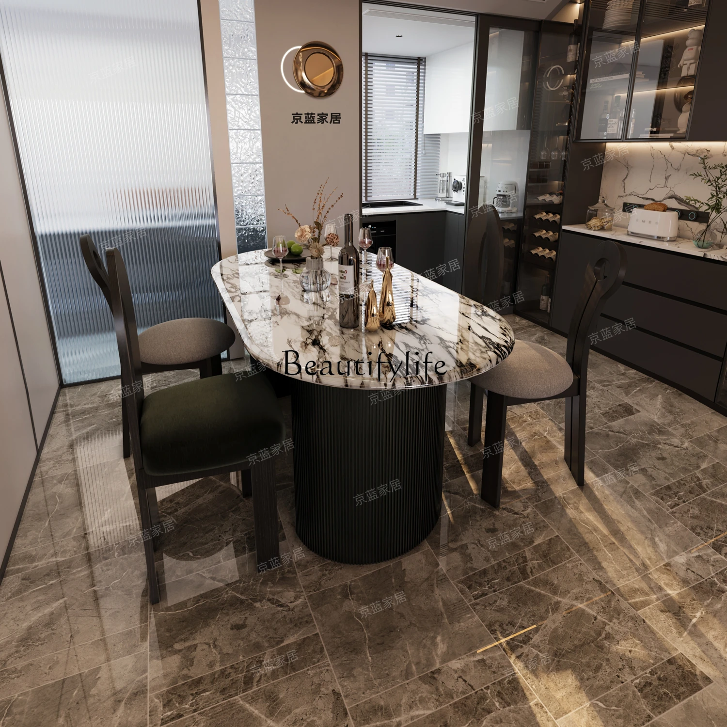 

Marble dining table slate modern simple French European retro light luxury solid wood