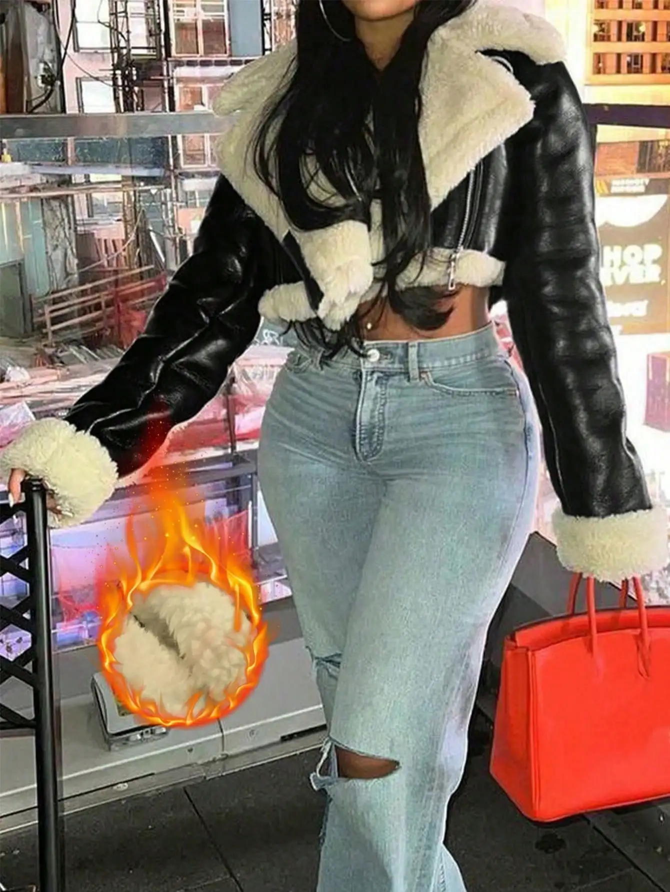 Veste bombardier courte en simili cuir PU doublé de peau de mouton pour femme avec poignets enroulables, style de rue