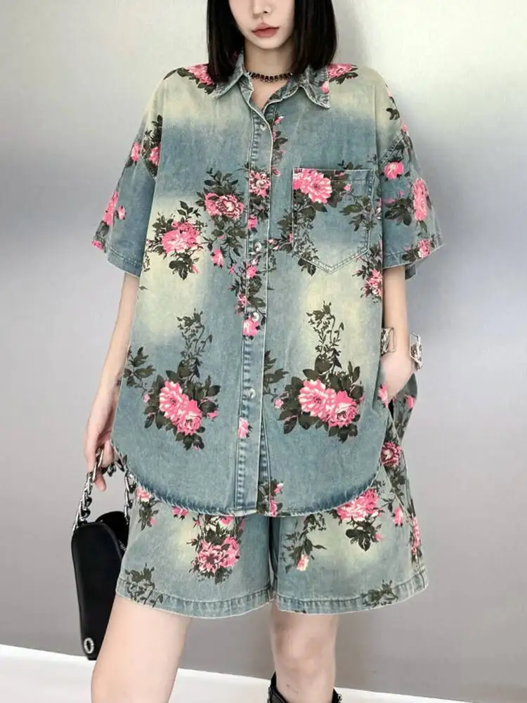 [EAM] Blue Denim Shirt Wide Leg Shorts Two Piece Suit New Lapel Short Sleeve Women Fashion Tide Spring Summer 2025 1DH6138