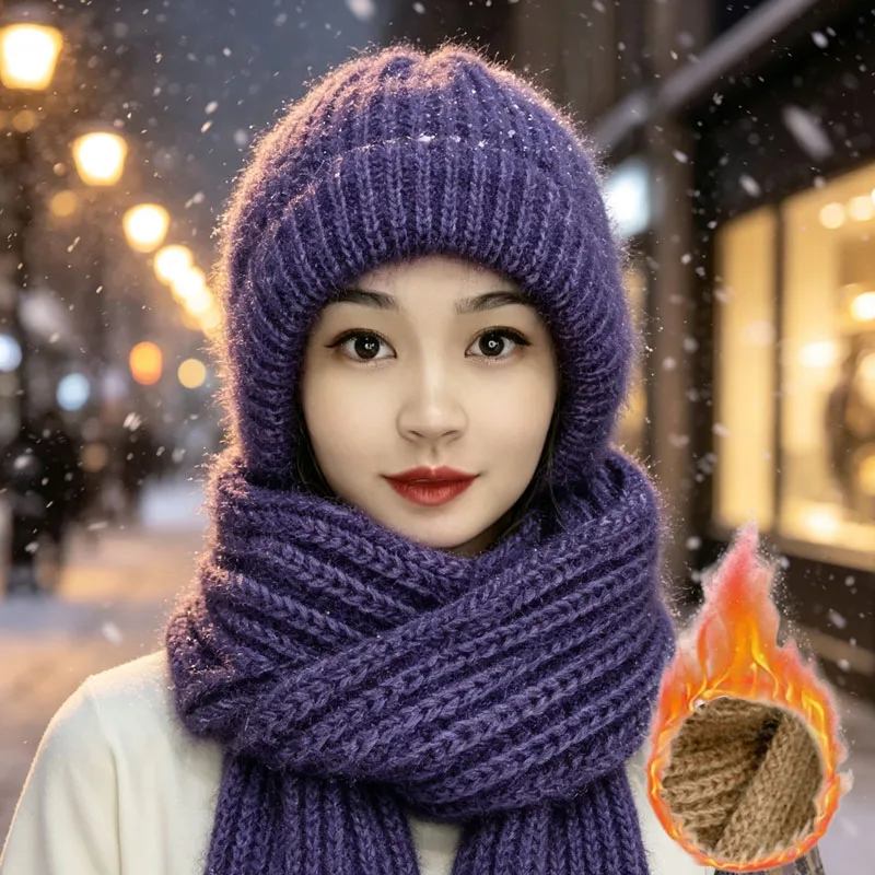 1-3-5pcs-gorro-de-inverno-feminino-de-trico-grosso-com-cachecol-acoplado-forrado-com-la-de-esquilo-quente-corta-vento-versatil-touca-de-neve