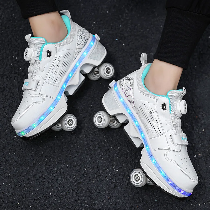 Deformation Roller Skates Shoes Four Wheels Running Shoes Roller Skates Women Men Parkour Roller Shoes Kids Sneakers