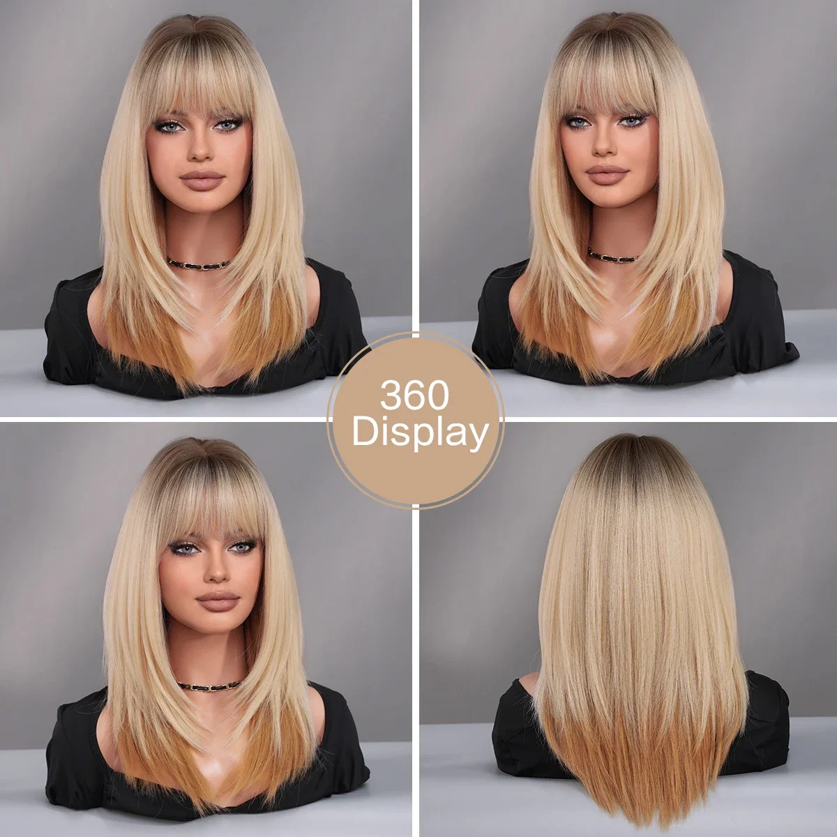 PARK YUN-Peruca de Cabelo Liso Sintético em Camadas com Franja para Mulheres, Fantasia de Natal, Cosplay, Ombre, Loiro, Alta Densidade