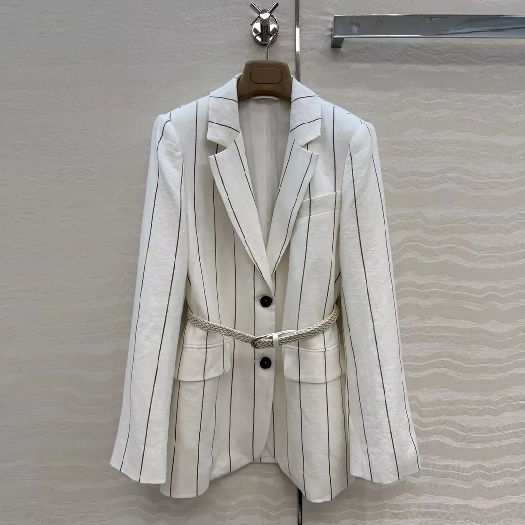 

Женский льняной пиджак в стиле Old Money с полосками, с вырезами, длинными рукавами, на одной пуговице, с вязаным поясом, для офиса